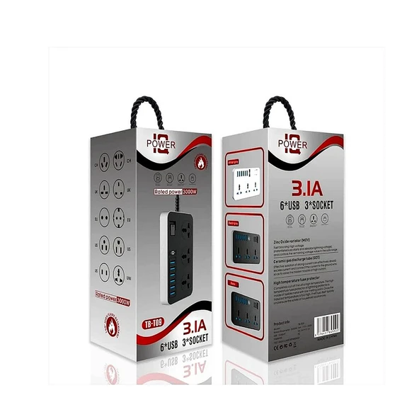 Uzatma Kablosu 6 USB 3 Priz Girişli Aşırı Gerilim Koruyuculu Güç Şeridi