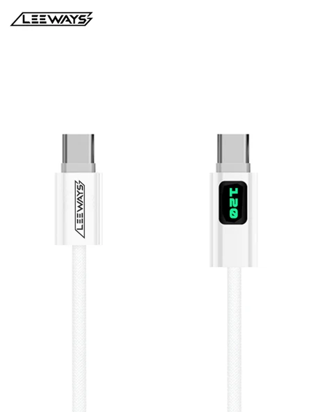 LEEWAYS Dijital Göstergeli 120w Süper Hızlı Örgülü Type C To Type C Şarj Kablosu 1.2 Metre