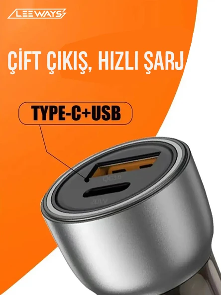 LEEWAYS iphone ve Android Uyumlu 48 W Type-c Ve Usb Girişli Araç Çakmaklık Hızlı Şarj Aleti - 2