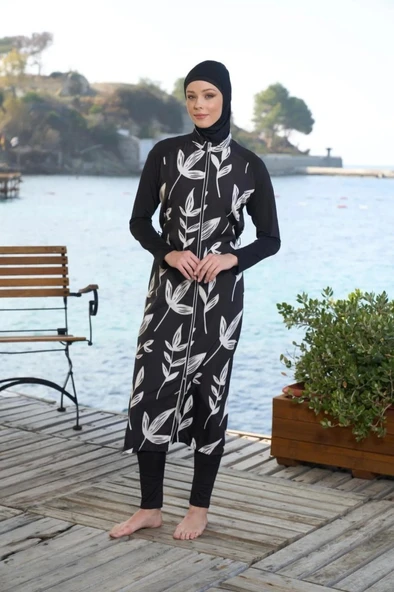 Estiva 25980 Siyah Dijital Desenli Tam Boy Lycralı Tesettür Mayo - 3