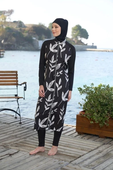 Estiva 25980 Siyah Dijital Desenli Tam Boy Lycralı Tesettür Mayo - 8