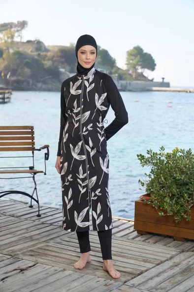Estiva 25980 Siyah Dijital Desenli Tam Boy Lycralı Tesettür Mayo - 4