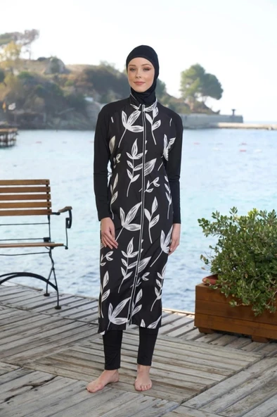 Estiva 25980 Siyah Dijital Desenli Tam Boy Lycralı Tesettür Mayo - 18