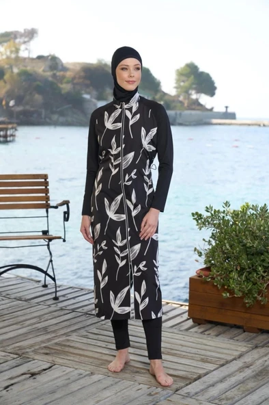 Estiva 25980 Siyah Dijital Desenli Tam Boy Lycralı Tesettür Mayo - 7