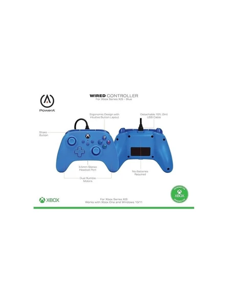 PowerA Xbox Kablolu Oyun Kolu Lisanslı Series x S Uyumlu Mavi Windows Pc Uyumlu(VİTRİN ÜRÜNÜ)