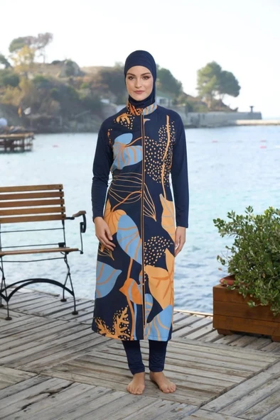 Estiva 25981 Siyah Dijital Desenli Tam Boy Lycralı Tesettür Mayo - 4