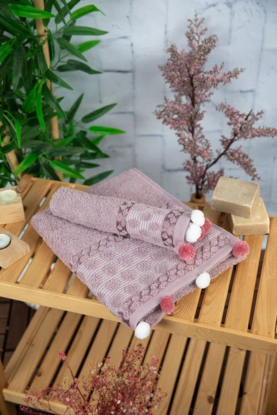 Bella Ponponlu 2'li El Yüz Havlusu - Lila