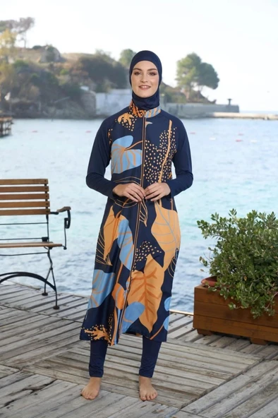 Estiva 25981 Siyah Dijital Desenli Tam Boy Lycralı Tesettür Mayo - 7