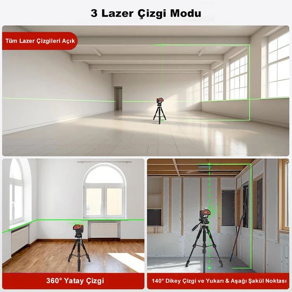 KOBB KBL32GTP Profesyonel Li-ion Yatay 360° ve Dikey Otomatik Hizalamalı Yeşil Nokta Şakül ve Çapraz Çizgi Lazer+Tripod - 7