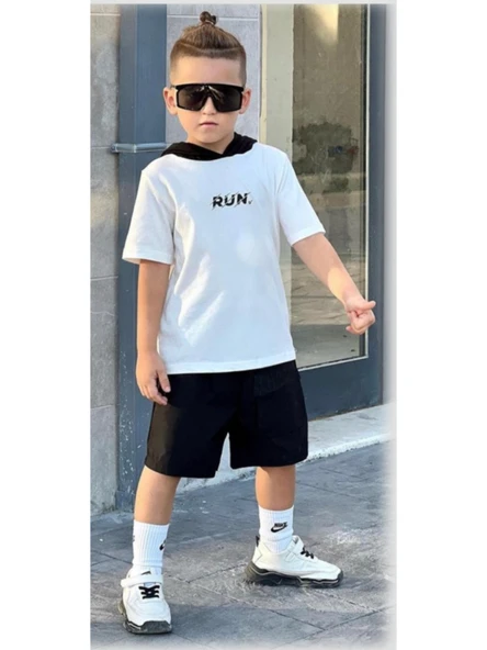 RUN BASKILI KAPÜŞONLU ŞORTLU ERKEK TAKIM