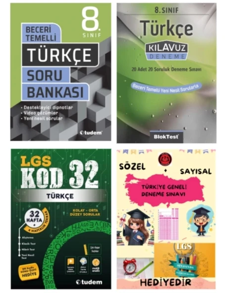 TUDEM YAYINLARI LGS TÜRKÇE BECERİ TEMELLİ SORU BANKASI - TÜRKÇE KLAVUZ DENEME - TÜRKÇE KOD 32 DENEME - HEDİYE
