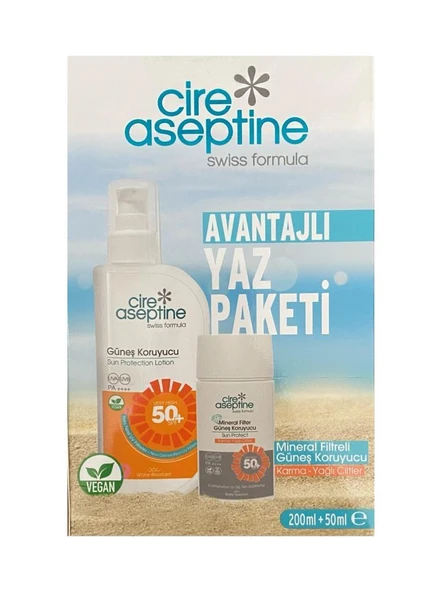 Cire Aseptine Güneş Koruyucu 50 SPF 200 ml + Mineral Filitreli Güneş Koruyucu Karma ve Yağlı Ciltler 50Ml Kutu