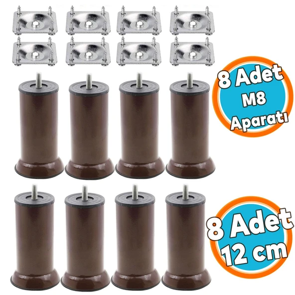 Mobilya Kanepe Baza Koltuk Destek Ayağı M8 Civata 12 cm Kahverengi (8'li SET) Ayak+Bağlantı Aparatı ürün görseli