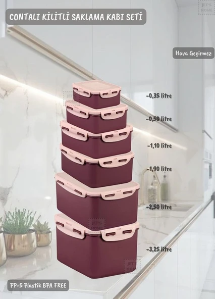 6’lı Contalı Saklama Kabı Seti Kilitleme Mekanizmalı Hava Geçirmez BPA FREE - 3