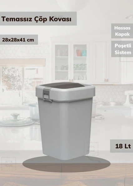 Çöp Kovası Bas Çek Mutfak Banyo Çöp Kutusu Gri 18 Litre