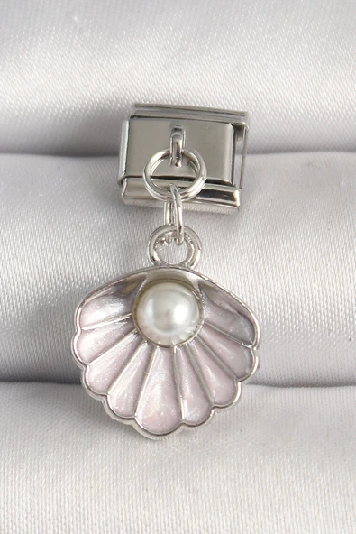 316L Çelik Gümüş Renk Pembe Deniz Kabuğu Model İnci Detay Nomination Charm - TJ-BC1253