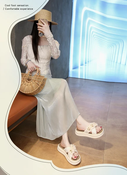 Bayan Terlik Sandalet - Yazlık - Çiçek Desenli (Bej) - Resim 8