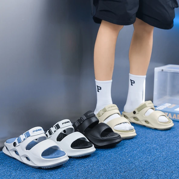 Erkek Plaj Terliği Sandalet - EVA - Kalın Taban (Siyah - Gri) - Resim 7