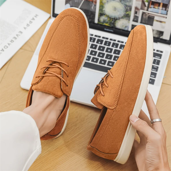 Erkek Süet Bağcıklı Loafer Ayakkabı (Kahverengi)