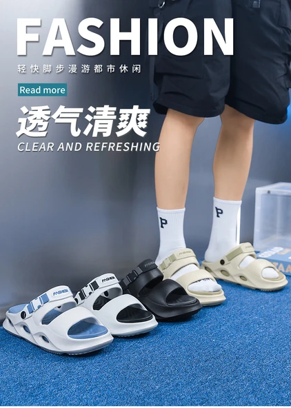 Erkek Plaj Terliği Sandalet - EVA - Kalın Taban (Siyah - Gri) - Resim 8