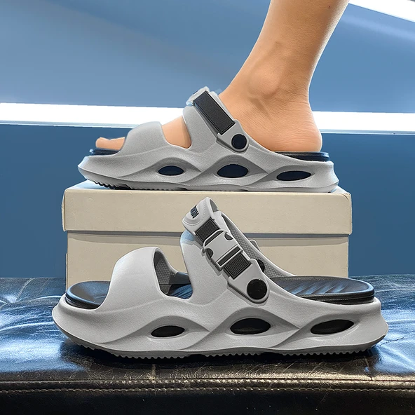 Erkek Plaj Terliği Sandalet - EVA - Kalın Taban (Siyah - Gri) - Resim 2