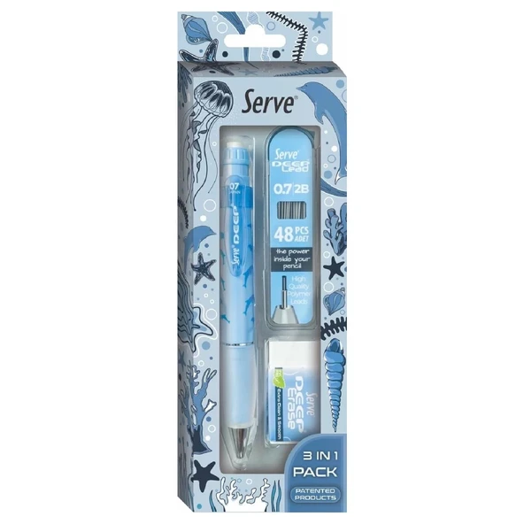 Serve Deep Doğa Temalı Mekanik Versatil Uçlu Kalem Uç-Silgi 3 lü Okul Seti 0.7 - 4