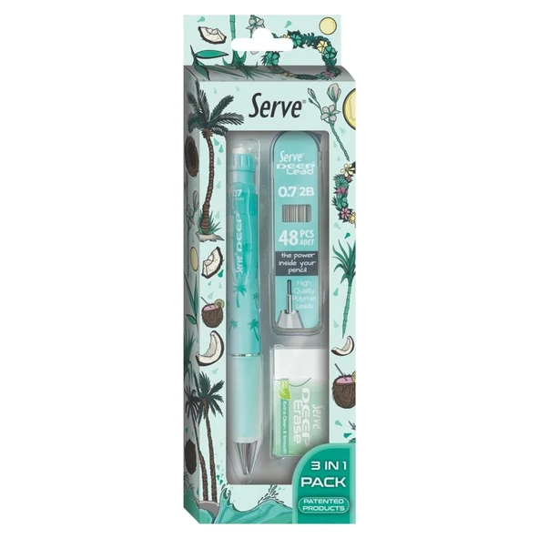 Serve Deep Doğa Temalı Mekanik Versatil Uçlu Kalem Uç-Silgi 3 lü Okul Seti 0.7 - 7