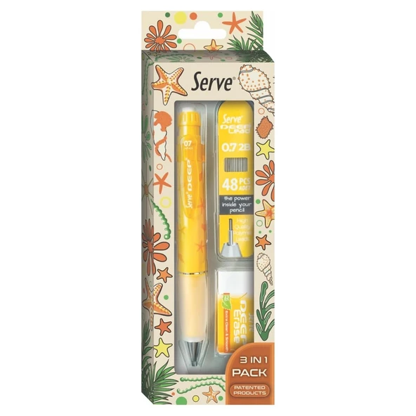 Serve Deep Doğa Temalı Mekanik Versatil Uçlu Kalem Uç-Silgi 3 lü Okul Seti 0.7