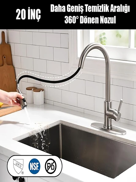 Spiralli Eviye Bataryası Inox Lavabo Mutfak Musluğu Aşağı Çekilebilir Püskürtmeli Paslanmaz Çelik - 5