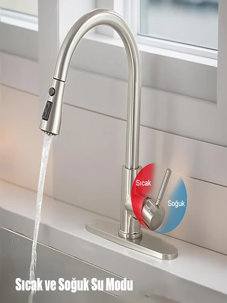 Spiralli Eviye Bataryası Inox Lavabo Mutfak Musluğu Aşağı Çekilebilir Püskürtmeli Paslanmaz Çelik - 4