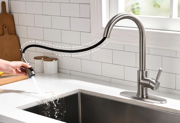 Spiralli Eviye Bataryası Inox Lavabo Mutfak Musluğu Aşağı Çekilebilir Püskürtmeli Paslanmaz Çelik