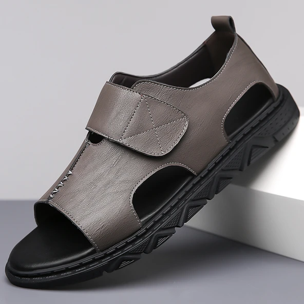 Erkek Yazlık Deri Sandalet (Gri)