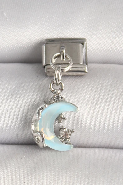 316L Çelik Gümüş Renk Mavi Mineli Hilal Model Zirkon Taş Detay Nomination Charm - TJ-BC1288