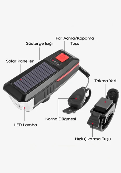 QASUL Güneş Enerjili 3 LED Far Moduna Sahip Bisiklet Ön Lambası Su Geçirmez Zil USB Şarj Edilebilir Korna - 4