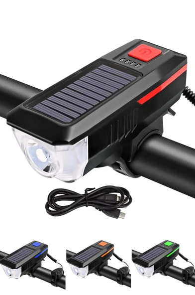 QASUL Güneş Enerjili 3 LED Far Moduna Sahip Bisiklet Ön Lambası Su Geçirmez Zil USB Şarj Edilebilir Korna