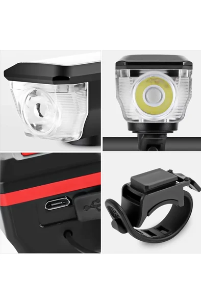 QASUL Güneş Enerjili 3 LED Far Moduna Sahip Bisiklet Ön Lambası Su Geçirmez Zil USB Şarj Edilebilir Korna - 7