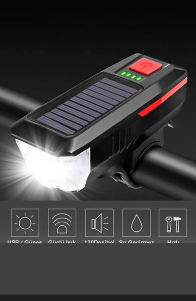 QASUL Güneş Enerjili 3 LED Far Moduna Sahip Bisiklet Ön Lambası Su Geçirmez Zil USB Şarj Edilebilir Korna - 5