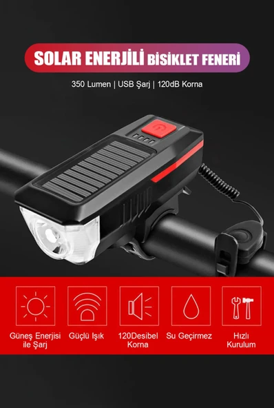 QASUL Güneş Enerjili 3 LED Far Moduna Sahip Bisiklet Ön Lambası Su Geçirmez Zil USB Şarj Edilebilir Korna - 6