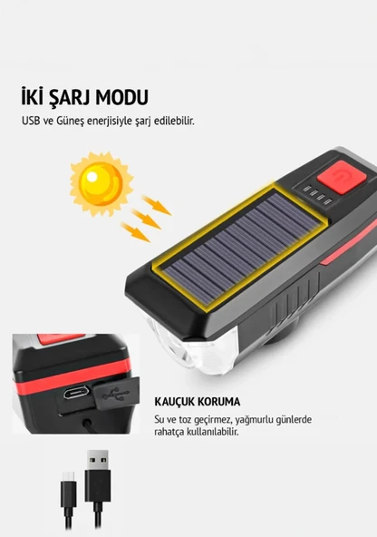 QASUL Güneş Enerjili 3 LED Far Moduna Sahip Bisiklet Ön Lambası Su Geçirmez Zil USB Şarj Edilebilir Korna - 3