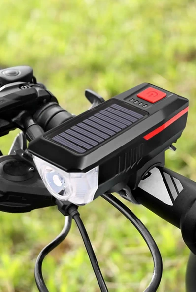 QASUL Güneş Enerjili 3 LED Far Moduna Sahip Bisiklet Ön Lambası Su Geçirmez Zil USB Şarj Edilebilir Korna - 2