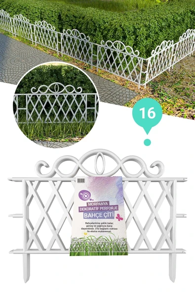Morpanya Dekoratif Ferforje Bahçe Çiti 16 Lı (8 MT) Beyaz Plastik Çit Çiçek Çiti Peyzaj Koruma Panel Çit