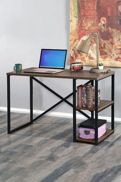 Morpanya Metal Çalışma Masası Laptop Bilgisayar Masası 2 Raflı Ders Ofis Çalışma Masası 60x120 Ceviz