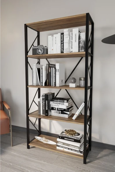 Morpanya Metal Kitaplık 5 Raflı Geniş Kitaplık Dosya Kitap Rafı Ofis Ev Rafı Ceviz - 2