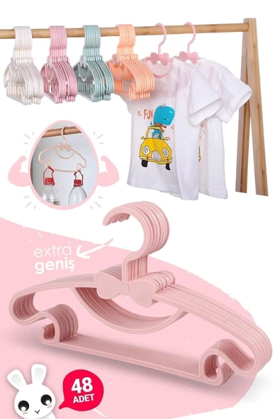 Morpanya Sweet 48 Adet Pembe Bebek Elbise Askısı 30 Cm Fiyonklu Kelebek Bebek Çocuk Kıyafet Askısı