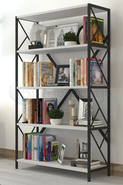 Morpanya Ural 5 Raflı Geniş Metal Kitaplık Dosya Kitap Rafı Ofis Salon Metal Raf 90x180 Siyah Beyaz - 2