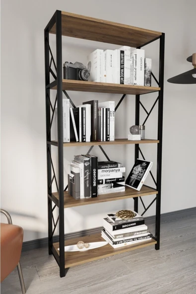 Morpanya Metal Kitaplık 5 Raflı Geniş Kitaplık Dosya Kitap Rafı Ofis Ev Rafı Ceviz