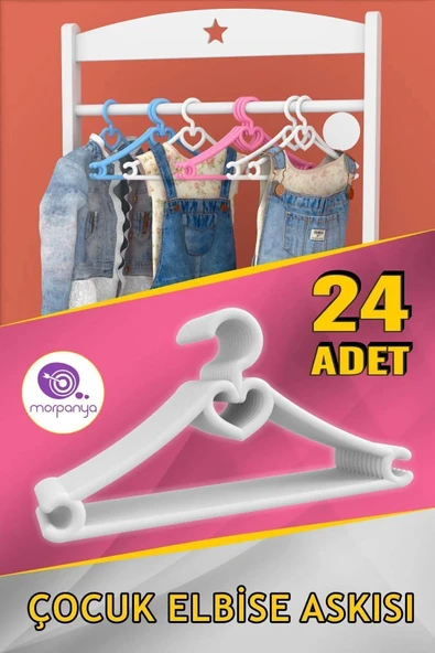 Morpanya Hopi Çocuk Elbise Askısı 24 Adet Bebek Askısı Kalpli Bebek Çocuk Kıyafet Askısı