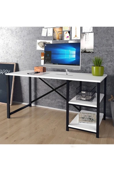 Morpanya Çalışma Masası Metal Bilgisayar Laptop Masası 2 Raflı Ders Çalışma Ofis Masası Beyaz