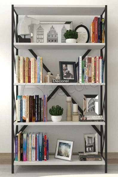 Morpanya Dekoratif 5 Raflı Kitaplık Geniş Metal Kitaplık Dosya Kitap Rafı Ofis Salon Raf 90x180cm Siyah Beyaz - 2