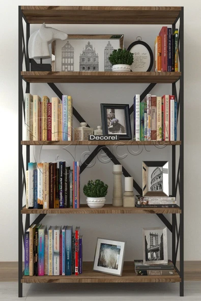 Morpanya Dekoratif 5 Raflı Kitaplık Geniş Metal Kitaplık Dosya Kitap Rafı Ofis Salon Raf 90x180cm Siyah Ceviz - 2